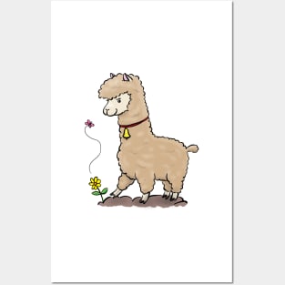 Cute alpaca and butterfly cartoon illustration Posters and Art